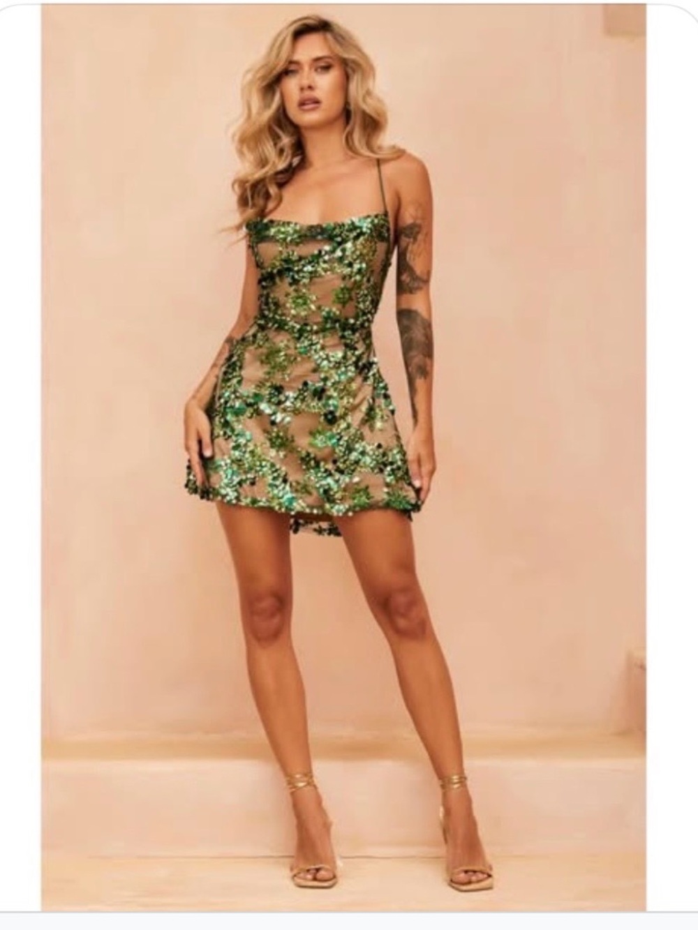Green Sequin Floral Mini Dress